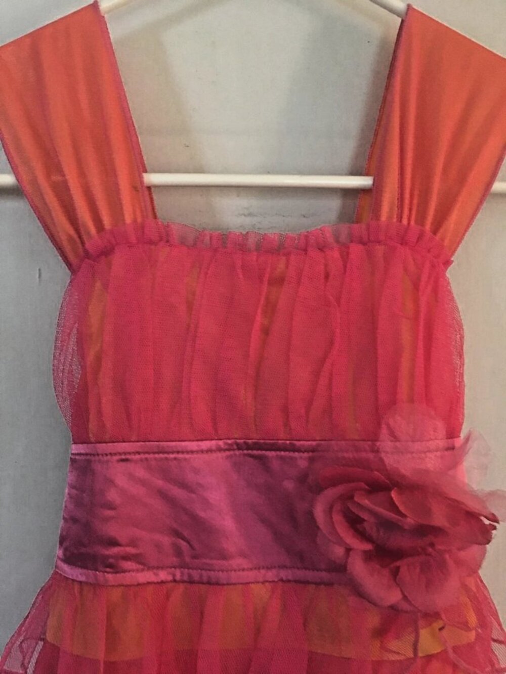My Michelle Girls Size 7 tiered Sunrise Pink Orange Dress W/Satin Waist
